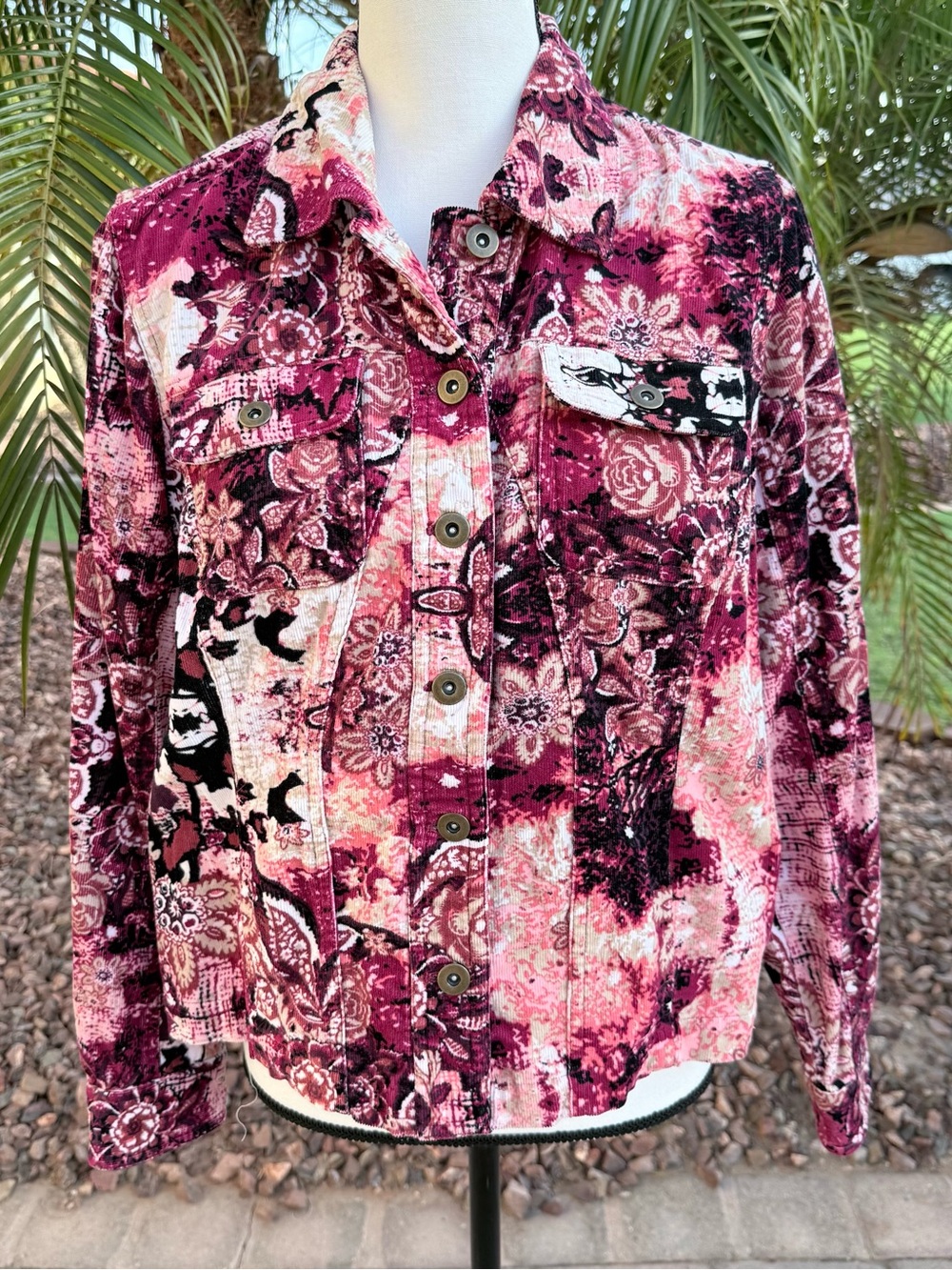 Christopher & Banks Women's maroon Pinwale Corduroy Floral Jacket - Size XL